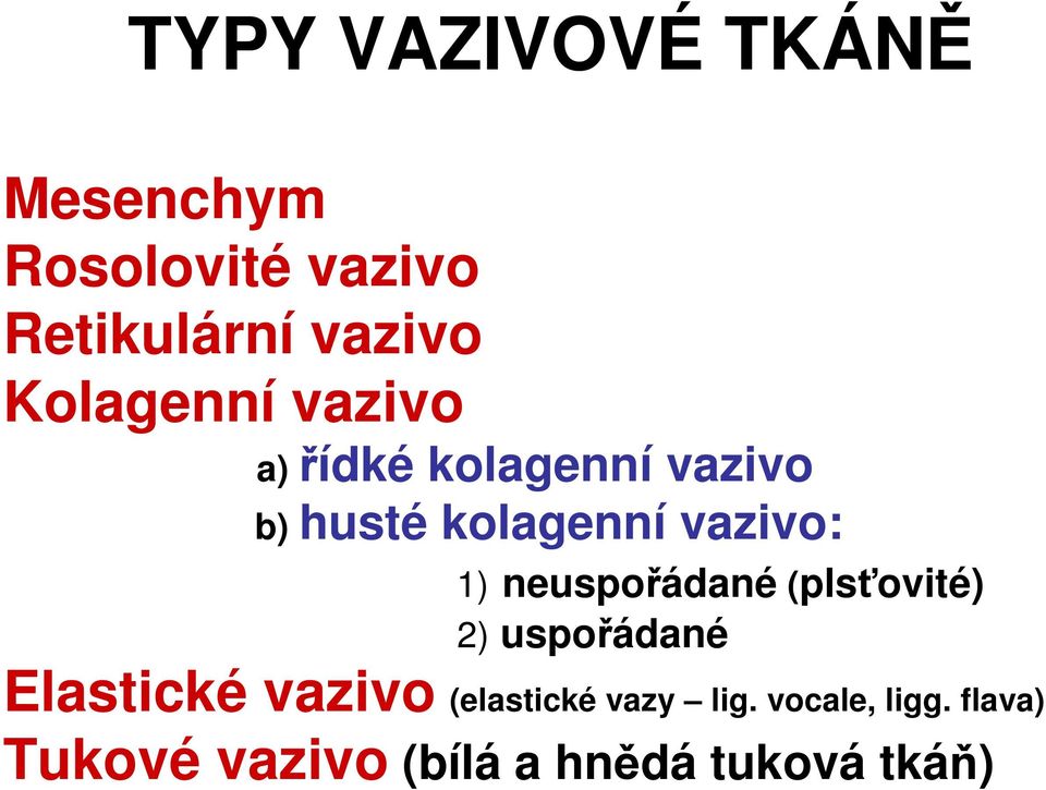 1) neuspořádané (plsťovité) 2) uspořádané Elastické vazivo (elastické