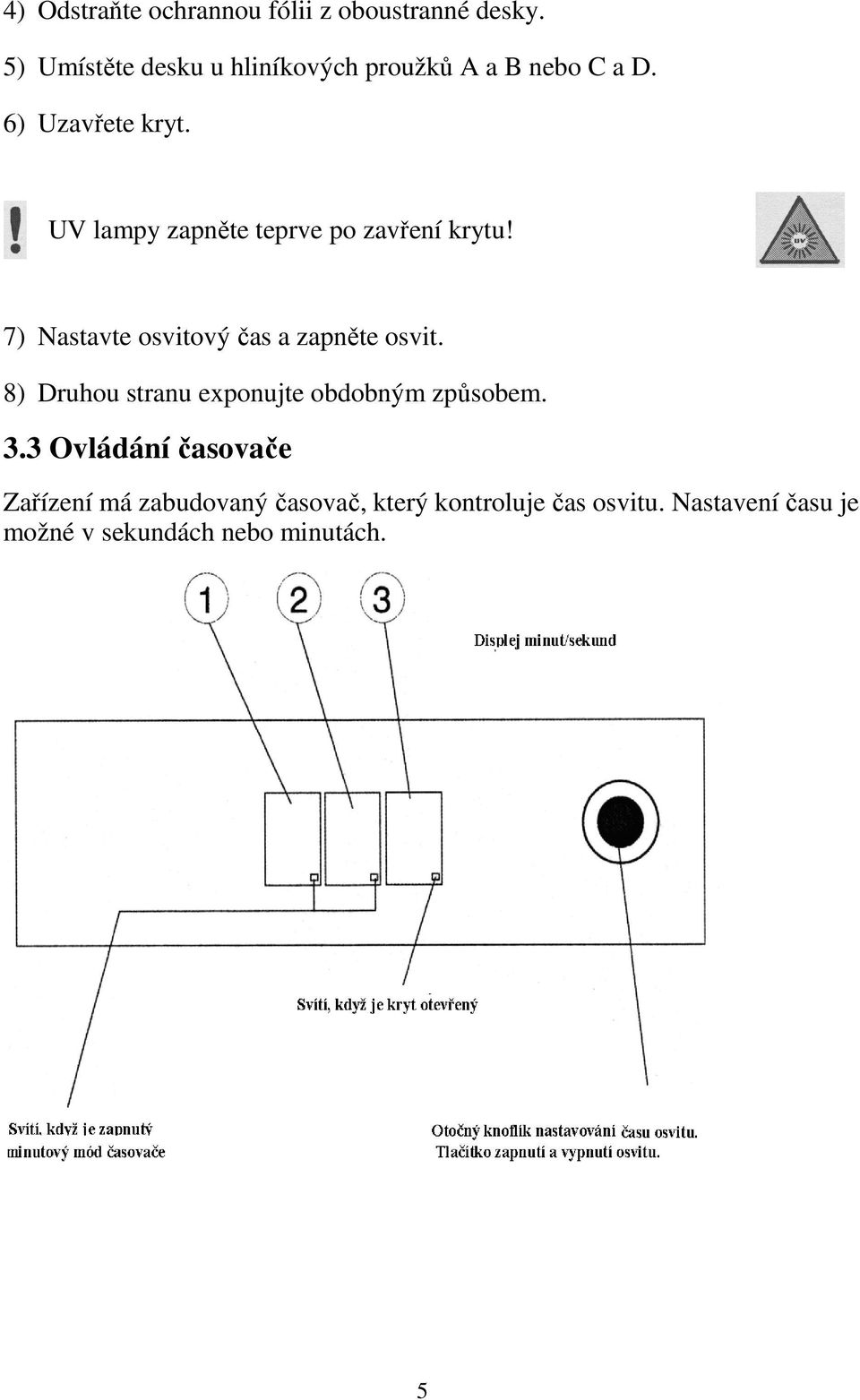 UV lampy zapněte teprve po zavření krytu! 7) Nastavte osvitový čas a zapněte osvit.