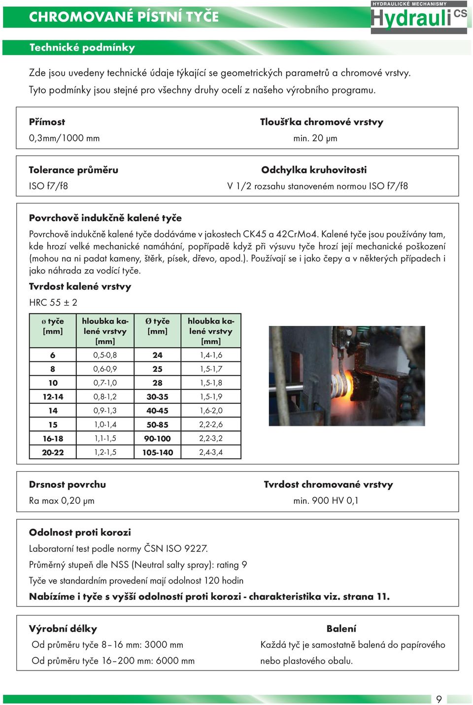 20 µm Tolerance průměru ISO f7/f8 Odchylka kruhovitosti V 1/2 rozsahu stanoveném normou ISO f7/f8 Povrchově indukčně kalené tyče Povrchově indukčně kalené tyče dodáváme v jakostech CK45 a 42CrMo4.