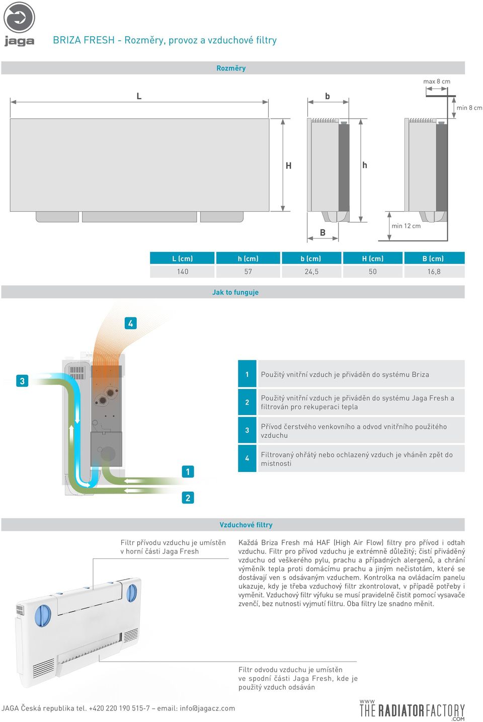 ohřátý nebo ochlazený vzduch je vháněn zpět do mistnosti 2 Vzduchové filtry Filtr přívodu vzduchu je umístěn v horní části Jaga Fresh Každá Briza Fresh má HAF (High Air Flow) filtry pro přívod i