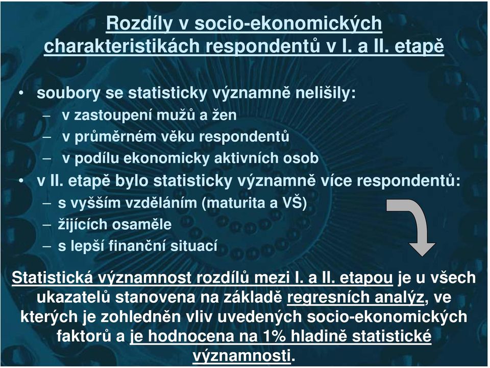 etapě bylo statisticky významně více respondentů: s vyšším vzděláním (maturita a VŠ) žijících osaměle s lepší finanční situací Statistická