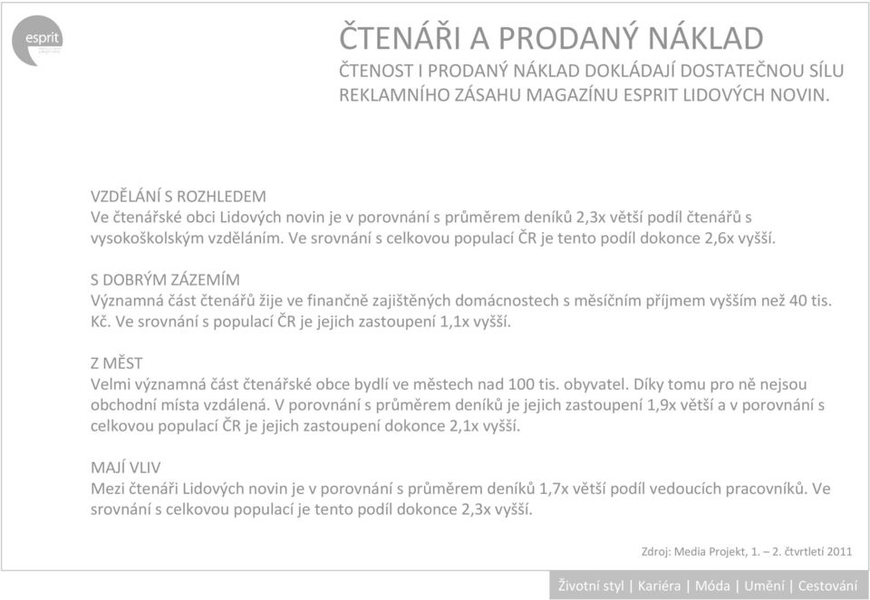 Ve srovnání s celkovou populací ČR je tento podíl dokonce 2,6x vyšší. S DOBRÝM ZÁZEMÍM Významnáčást čtenářůžije ve finančnězajištěných domácnostech s měsíčním příjmem vyšším než40 tis. Kč.