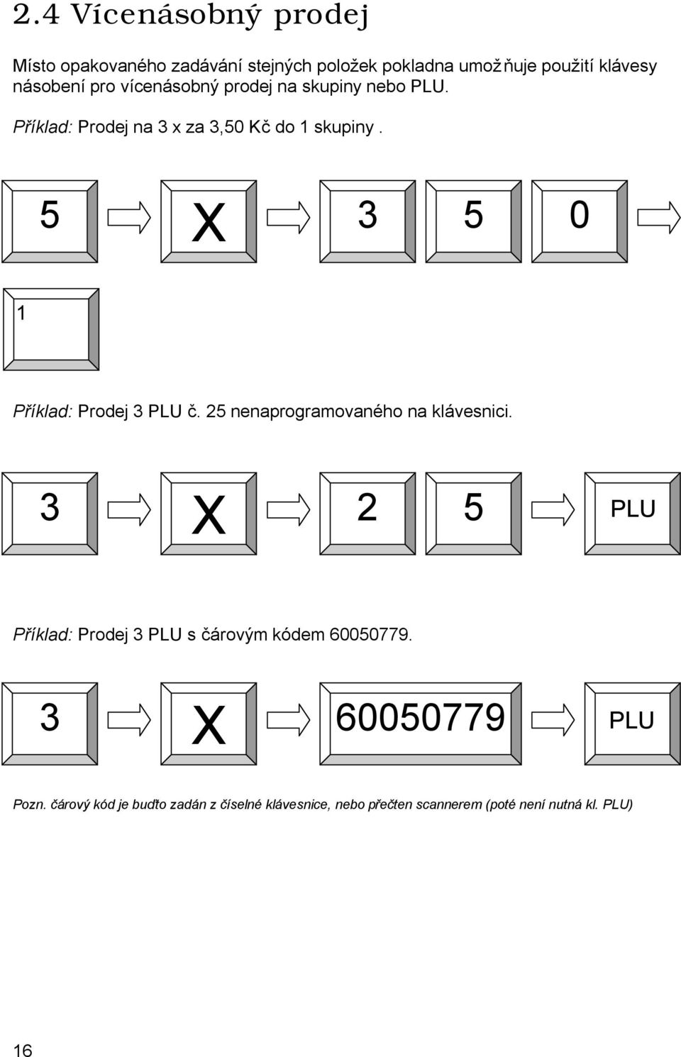 5 X 3 5 0 1 Příklad: Prodej 3 PLU č. 25 nenaprogramovaného na klávesnici.