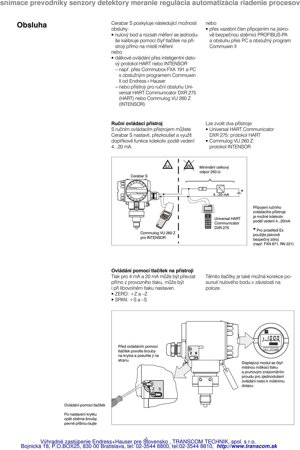 přes Commubox FXA 191 a PC s obslužným programem Commuwin II od Endress+Hauser nebo přístroji pro ruční obsluhu Universal HART Communicator DXR 275 (HART) nebo Commulog VU 260 Z (INTENSOR) nebo přes