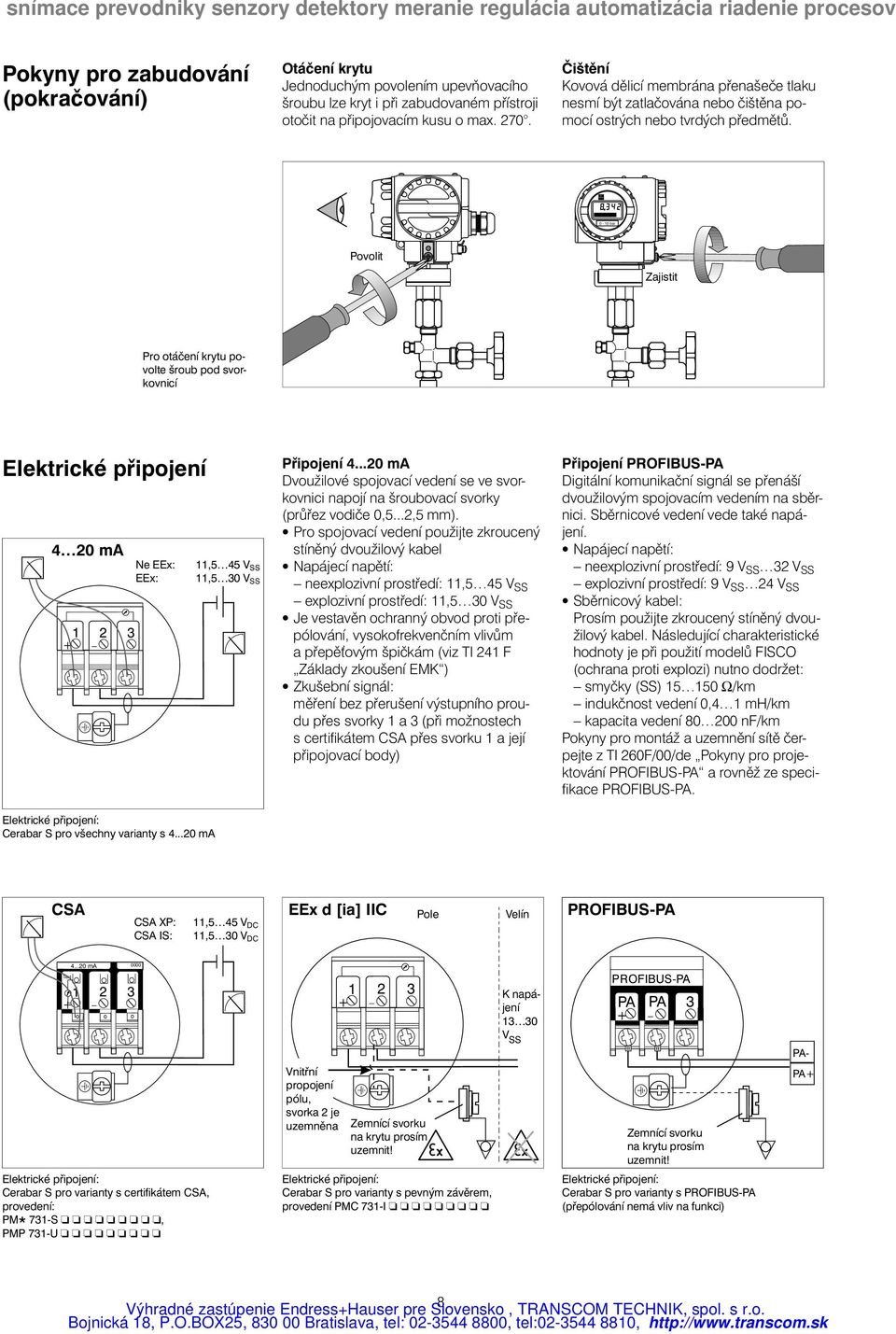 0-10 bar Povolit Zajistit Pro otáčení krytu povolte šroub pod svorkovnicí Elektrické připojení 4 ma 1 2 3 + Ne EEx: EEx: Elektrické připojení: Cerabar S pro všechny varianty s 4.