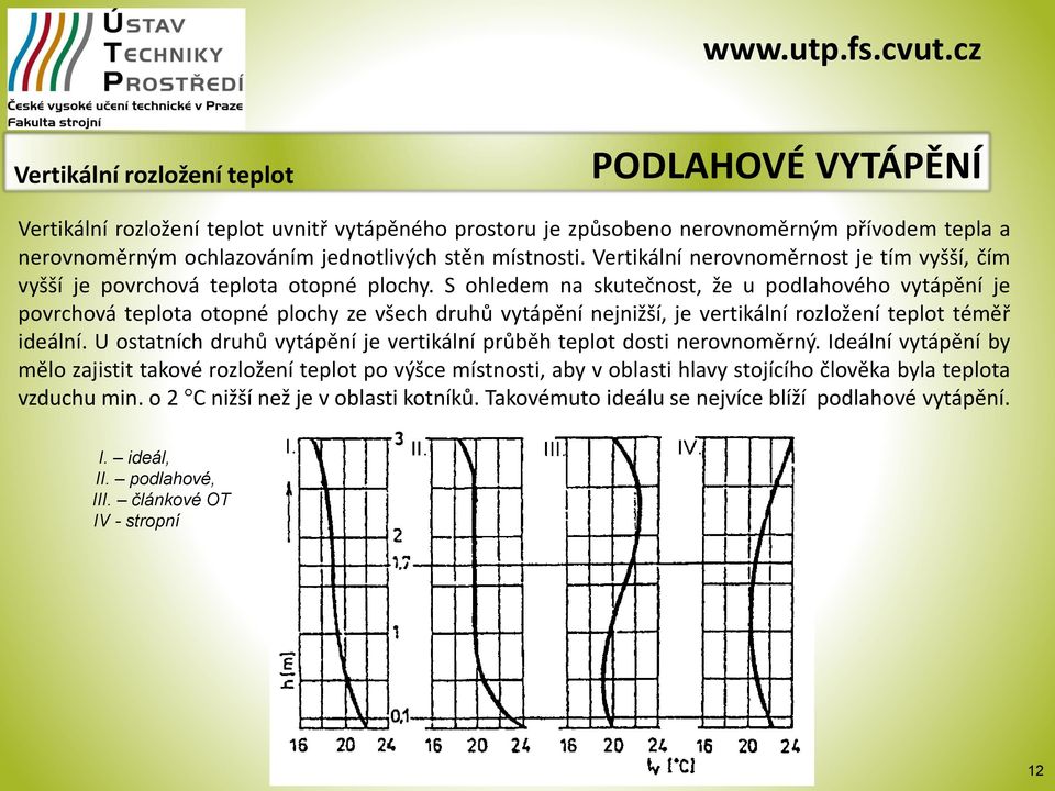 S ohledem na skutečnost, že u podlahového vytápění je povrchová teplota otopné plochy ze všech druhů vytápění nejnižší, je vertikální rozložení teplot téměř ideální.