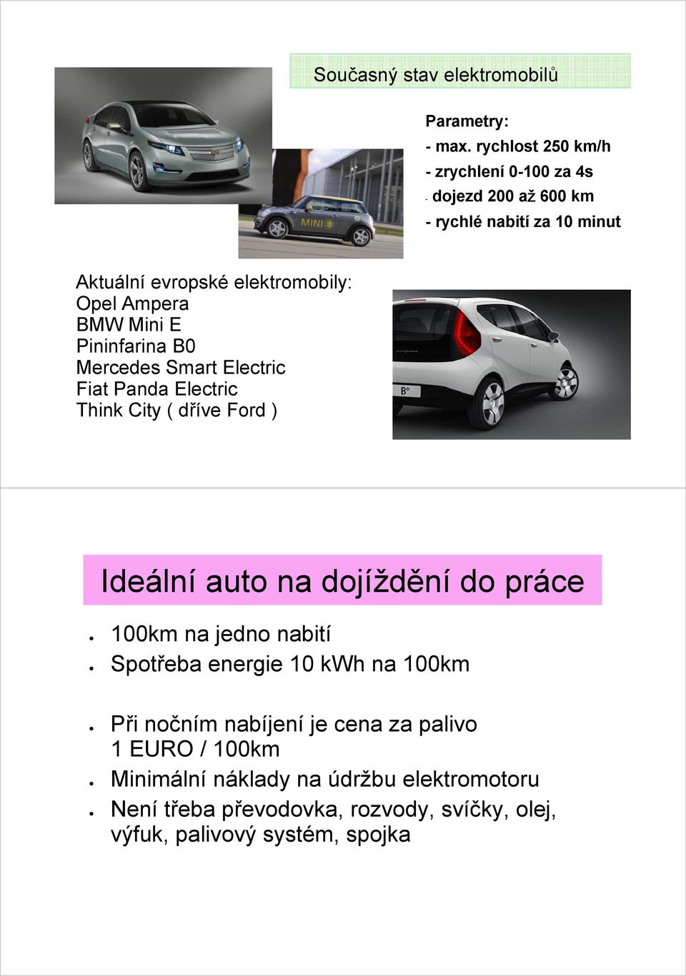 Ampera BMW Mini E Pininfarina B0 Mercedes Smart Electric Fiat Panda Electric Think City ( dříve Ford ) Ideální auto na dojíždění do