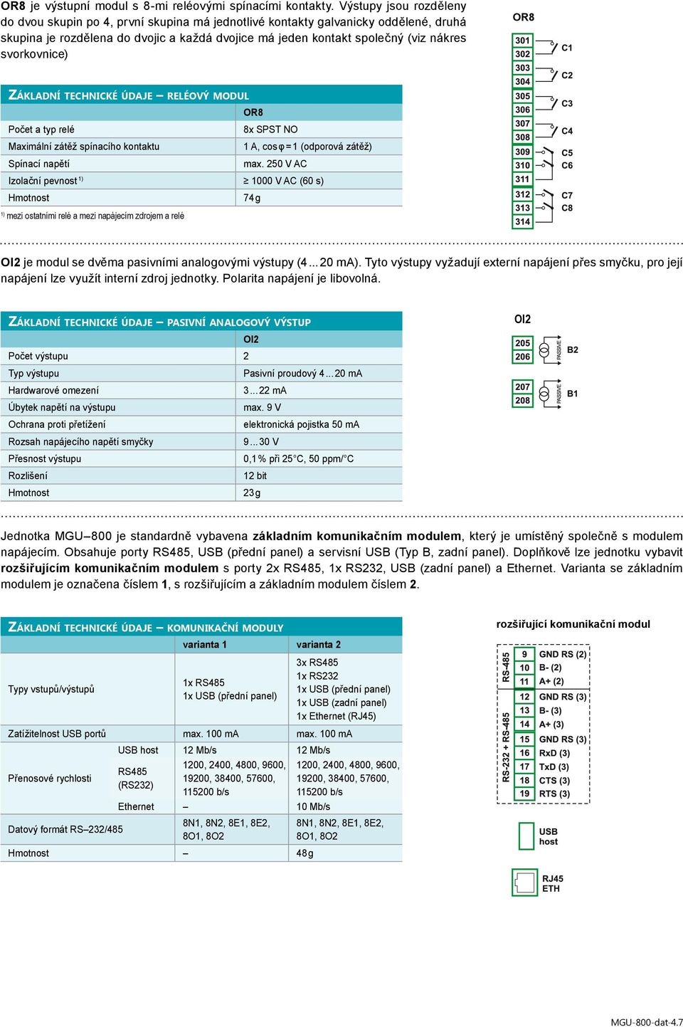 svorkovnice) OR8 ZÁKLADNÍ TECHNICKÉ ÚDAJE RELÉOVÝ MODUL OR8 Počet a typ relé 8x SPST NO Maximální zátěž spínacího kontaktu 1 A, cos φ = 1 (odporová zátěž) Spínací napětí max.