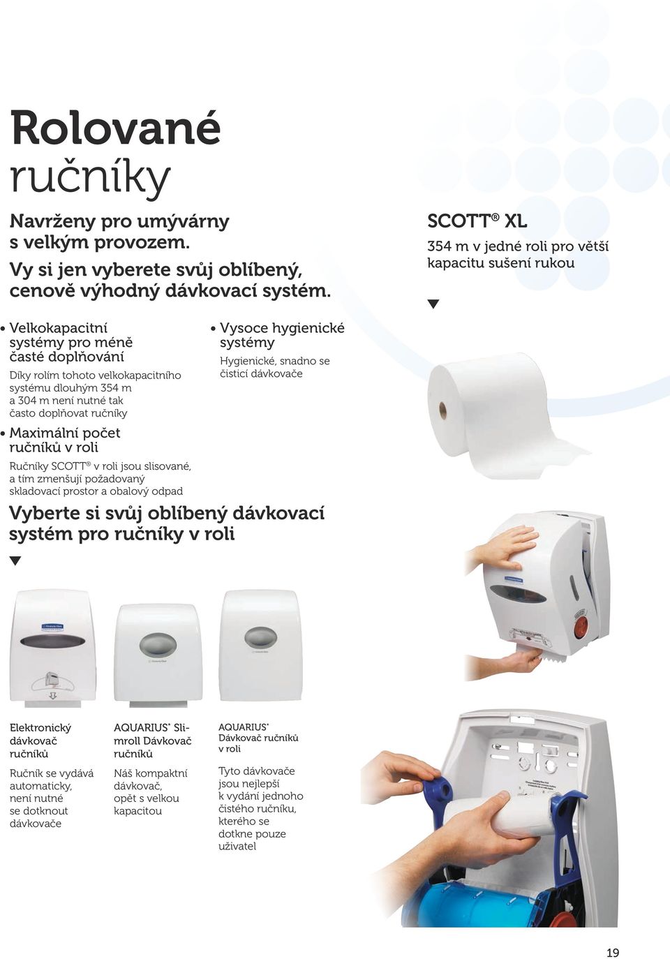 doplňovat ručníky Maximální počet ručníků v roli Vysoce hygienické systémy Hygienické, snadno se čisticí dávkovače Ručníky SCOTT v roli jsou slisované, a tím zmenšují požadovaný skladovací prostor a