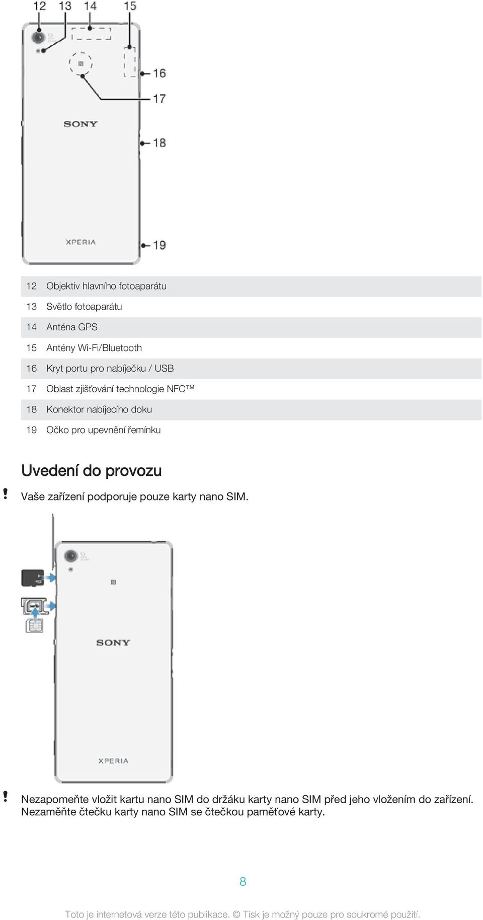 řemínku Uvedení do provozu Vaše zařízení podporuje pouze karty nano SIM.