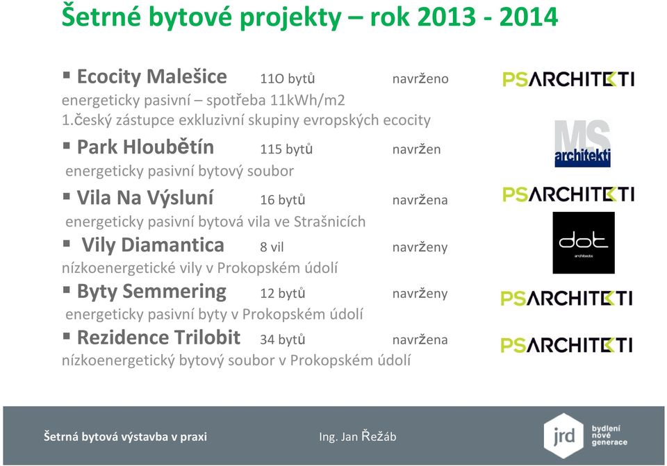 16 bytů navržena energeticky pasivní bytová vila ve Strašnicích Vily Diamantica 8 vil Byty Semmering 12 bytů Rezidence Trilobit 34 bytů