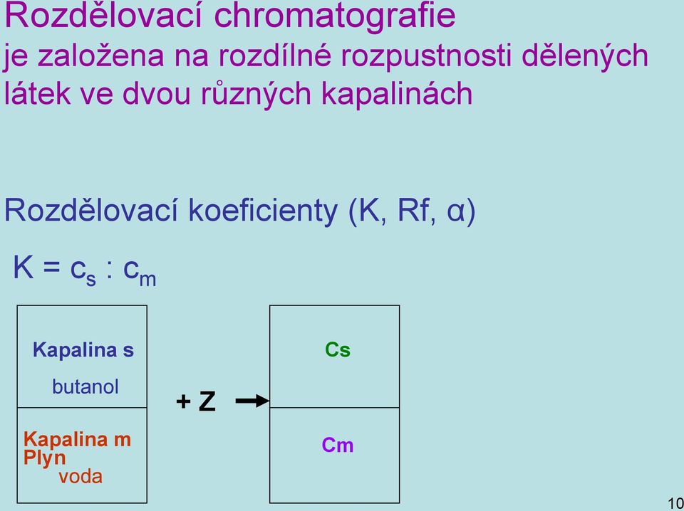 kapalinách Rozdělovací koeficienty (K, Rf, α) K = c