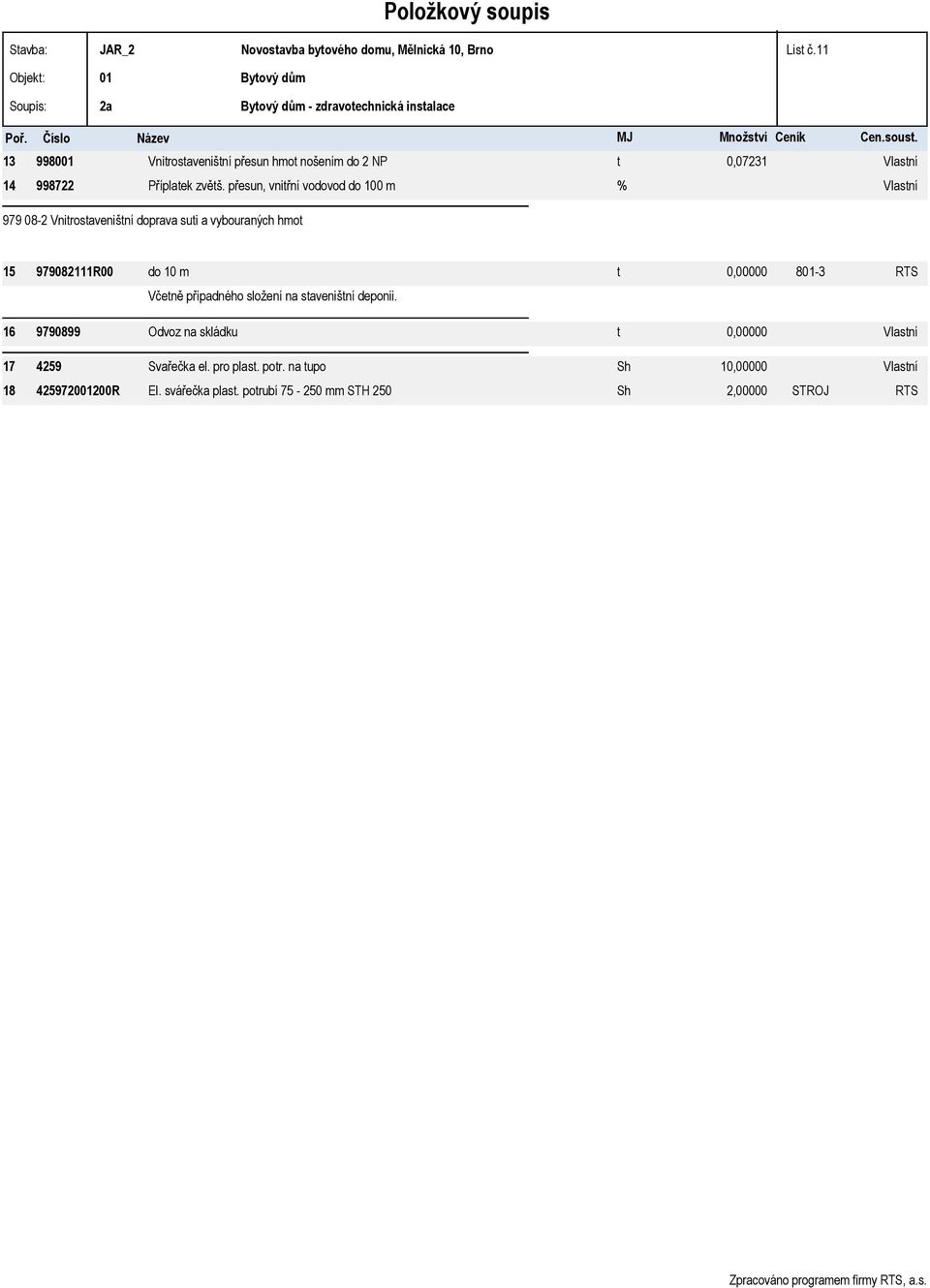 přesun, vnitřní vodovod do 100 m % Vlastní 979 08-2 Vnitrostaveništní doprava suti a vybouraných hmot 15 979082111R00 do 10 m t 0,00000 801-3 RTS 16 9790899 Včetně