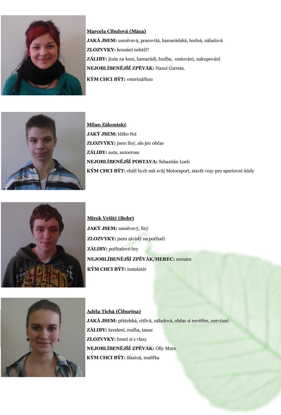 KÝM CHCI BÝT: veterinářkou Milan Zákoutský JAKÝ JSEM: těžko říci ZLOZVYKY: jsem líný, ale jen občas ZÁLIBY: auta, autocross NEJOBLÍBENĚJŠÍ POSTAVA: Sebastián Loeb KÝM CHCI BÝT: chtěl bych mít svůj