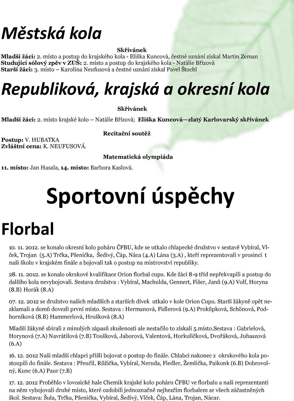místo krajské kolo Natálie Břízová; Eliška Kuncová zlatý Karlovarský skřivánek Postup: V. HUBATKA Zvláštní cena: K. NEUFUSOVÁ. Recitační soutěž 11. místo: Jan Hasala, 14. místo: Barbora Kaslová.