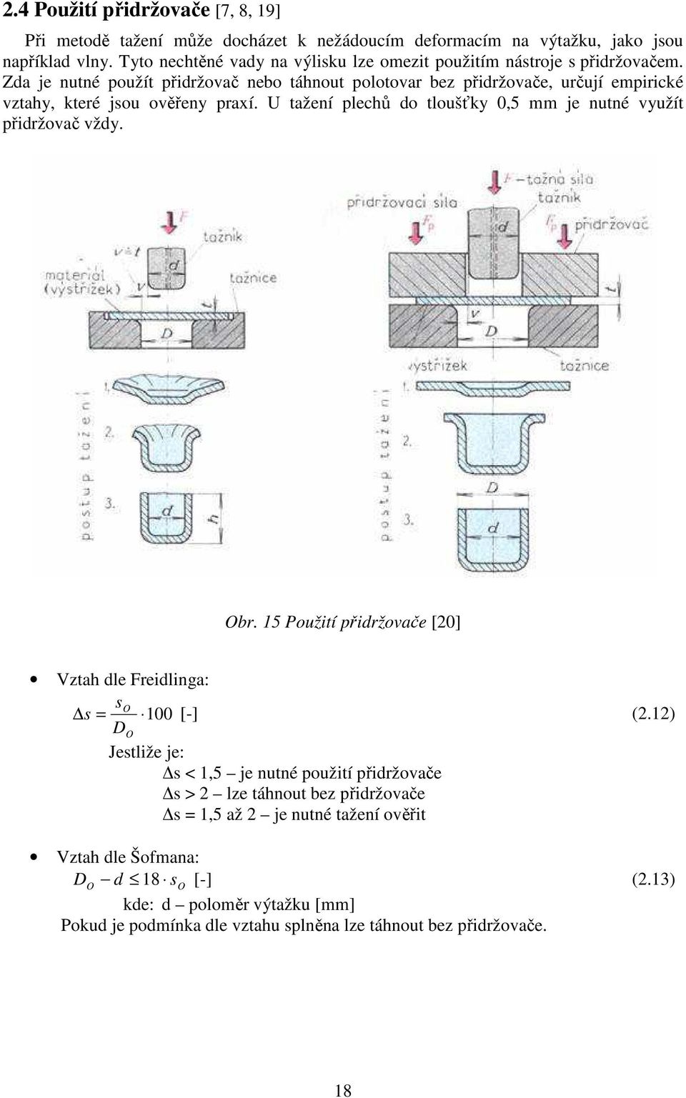 Zda je nutné použít přidržovač nebo táhnout polotovar bez přidržovače, určují empirické vztahy, které jsou ověřeny praxí.