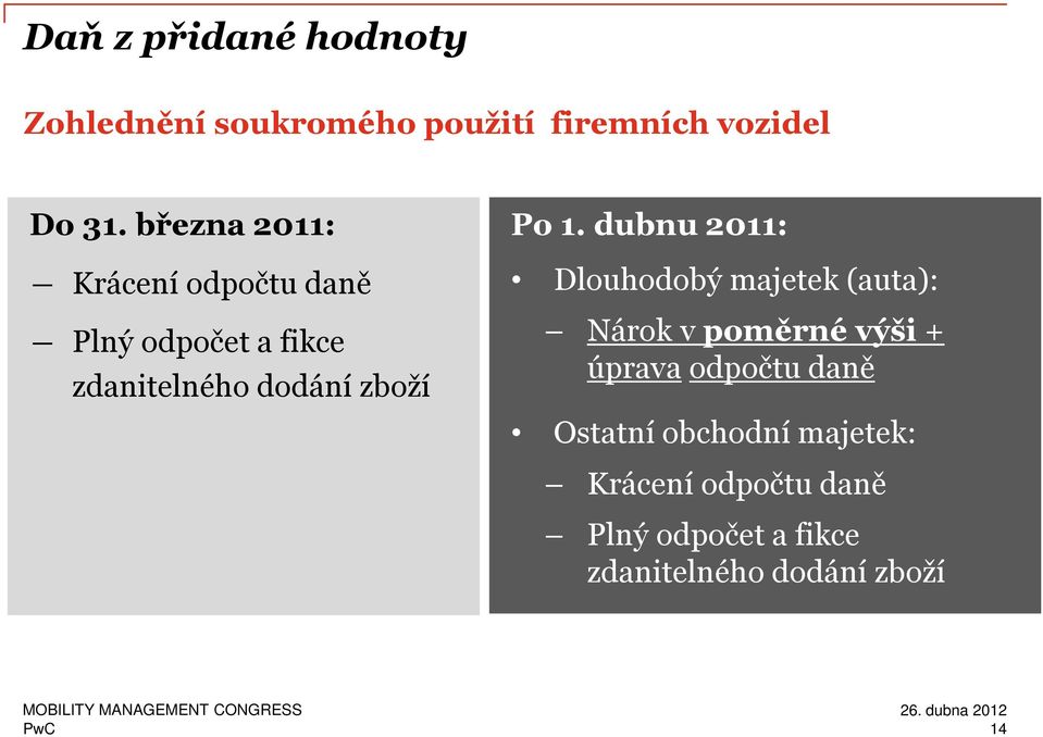 dubnu 2011: Dlouhodobý majetek (auta): Nárok v poměrné výši + úprava odpočtu daně