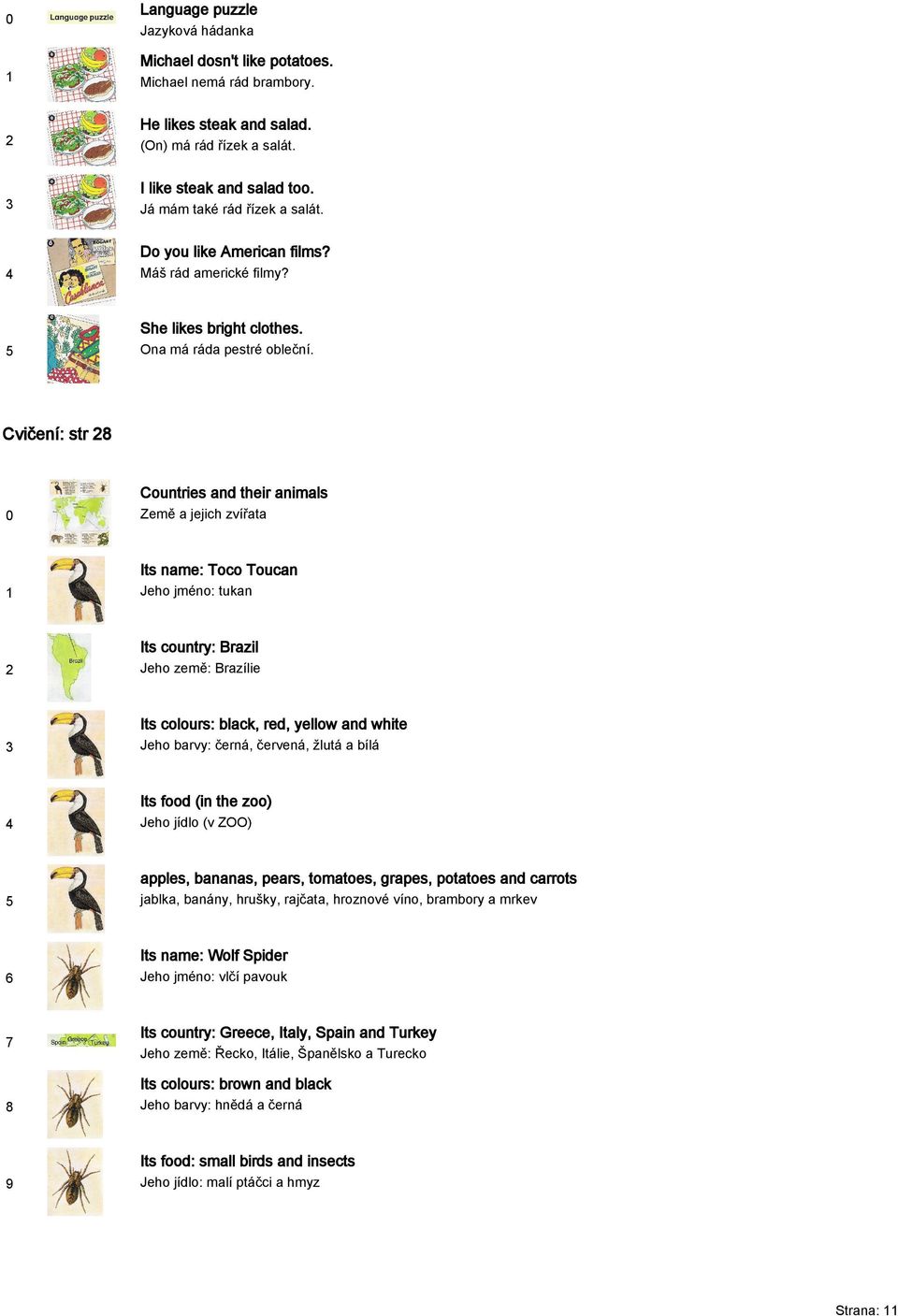 Cvičení: str Countries and their animals Země a jejich zvířata Its name: Toco Toucan Jeho jméno: tukan Its country: Brazil Jeho země: Brazílie Its colours: black, red, yellow and white Jeho barvy: