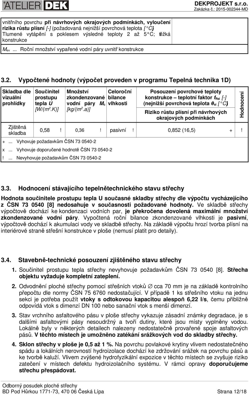 Vypočtené hodnoty (výpočet proveden v programu Tepelná technika 1D) Skladba dle vizuální prohlídky Zjištěná skladba Součinitel prostupu tepla U [W/(m 2.