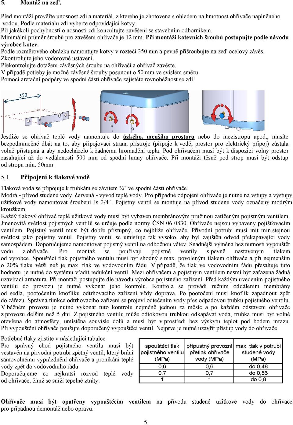 Při montáži kotevních šroubů postupujte podle návodu výrobce kotev. Podle rozměrového obrázku namontujte kotvy v rozteči 350 mm a pevně přišroubujte na zeď ocelový závěs.