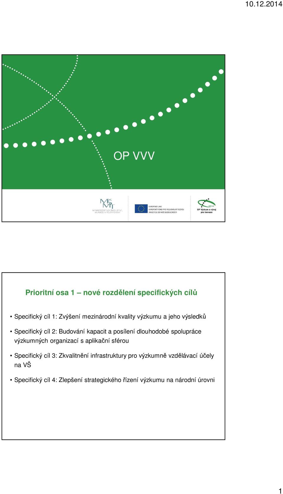 spolupráce výzkumných organizací s aplikační sférou Specifický cíl 3: Zkvalitnění infrastruktury