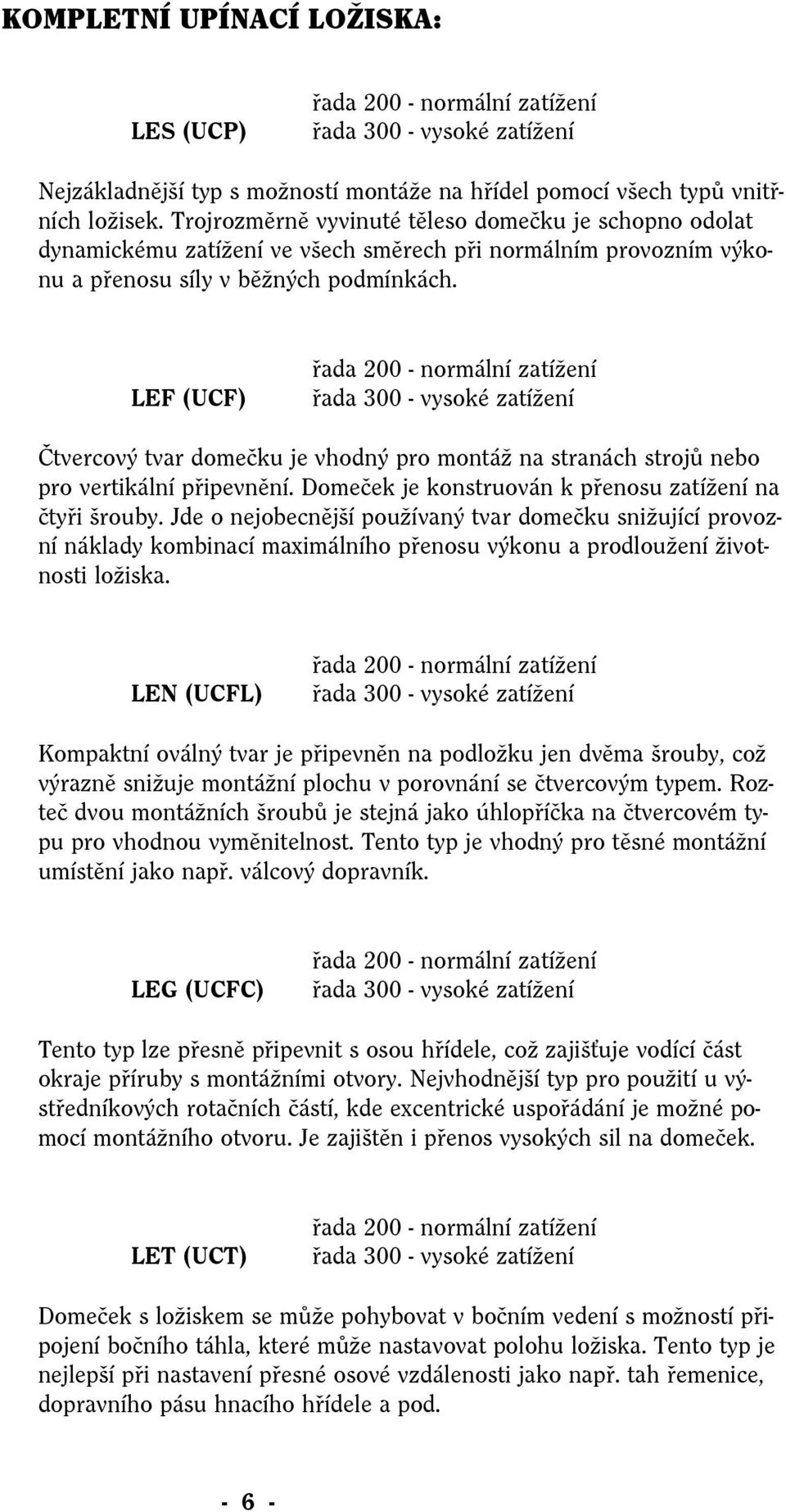 LEF (UCF) řada 200 - normální zatížení řada 300 - vysoké zatížení Čtvercový tvar domečku je vhodný pro montáž na stranách strojů nebo pro vertikální připevnění.