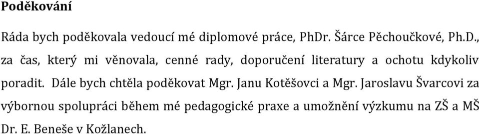 , za čas, který mi věnovala, cenné rady, doporučení literatury a ochotu kdykoliv poradit.