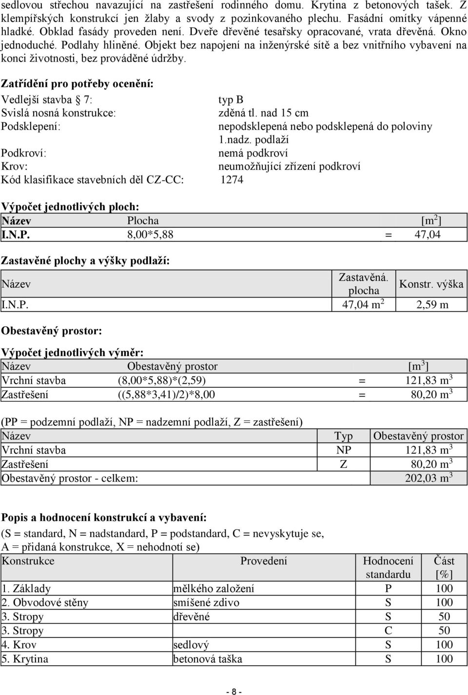 Objekt bez napojení na inženýrské sítě a bez vnitřního vybavení na konci životnosti, bez prováděné údržby. Zatřídění pro potřeby ocenění: Vedlejší stavba 7: typ B Svislá nosná konstrukce: zděná tl.