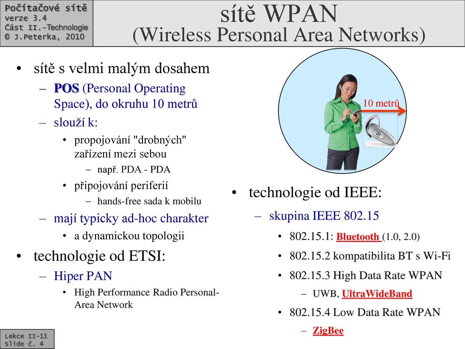 PDA - PDA připojování periferií hands-free sada k mobilu mají typicky ad-hoc charakter a dynamickou topologii technologie od ETSI: Hiper PAN