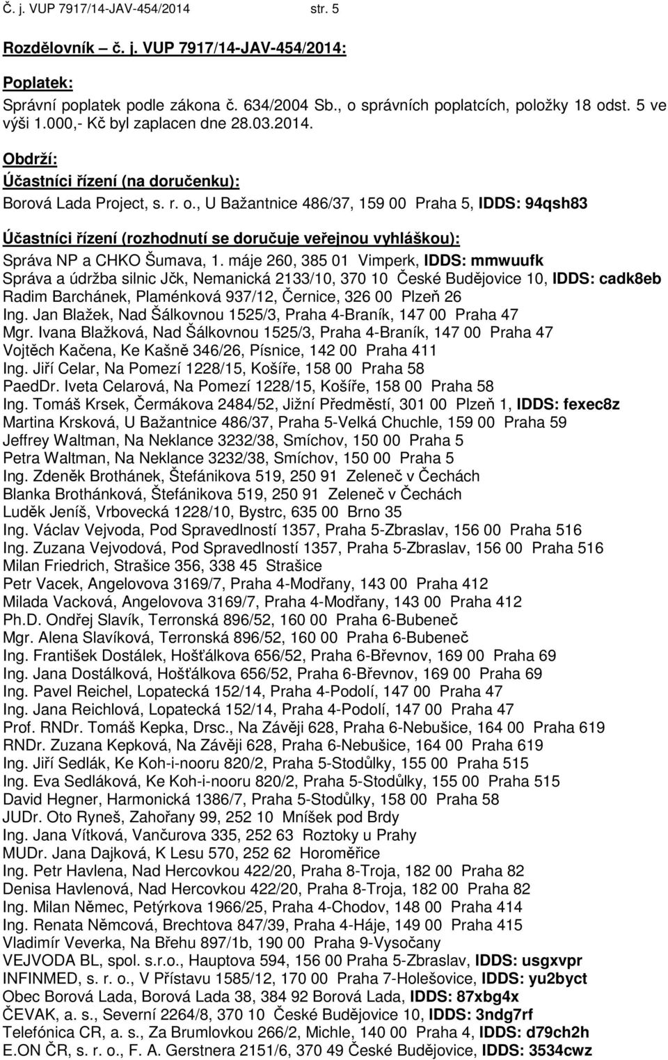 , U Bažantnice 486/37, 159 00 Praha 5, IDDS: 94qsh83 Účastníci řízení (rozhodnutí se doručuje veřejnou vyhláškou): Správa NP a CHKO Šumava, 1.