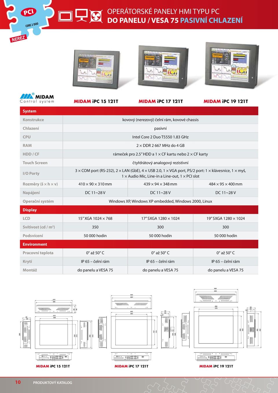 5 HDD a 1 CF kartu nebo 2 CF karty Touch Screen čtyřdrátový analogový rezistivní 3 COM port (RS-232), 2 LAN (GbE), 4 USB 2.