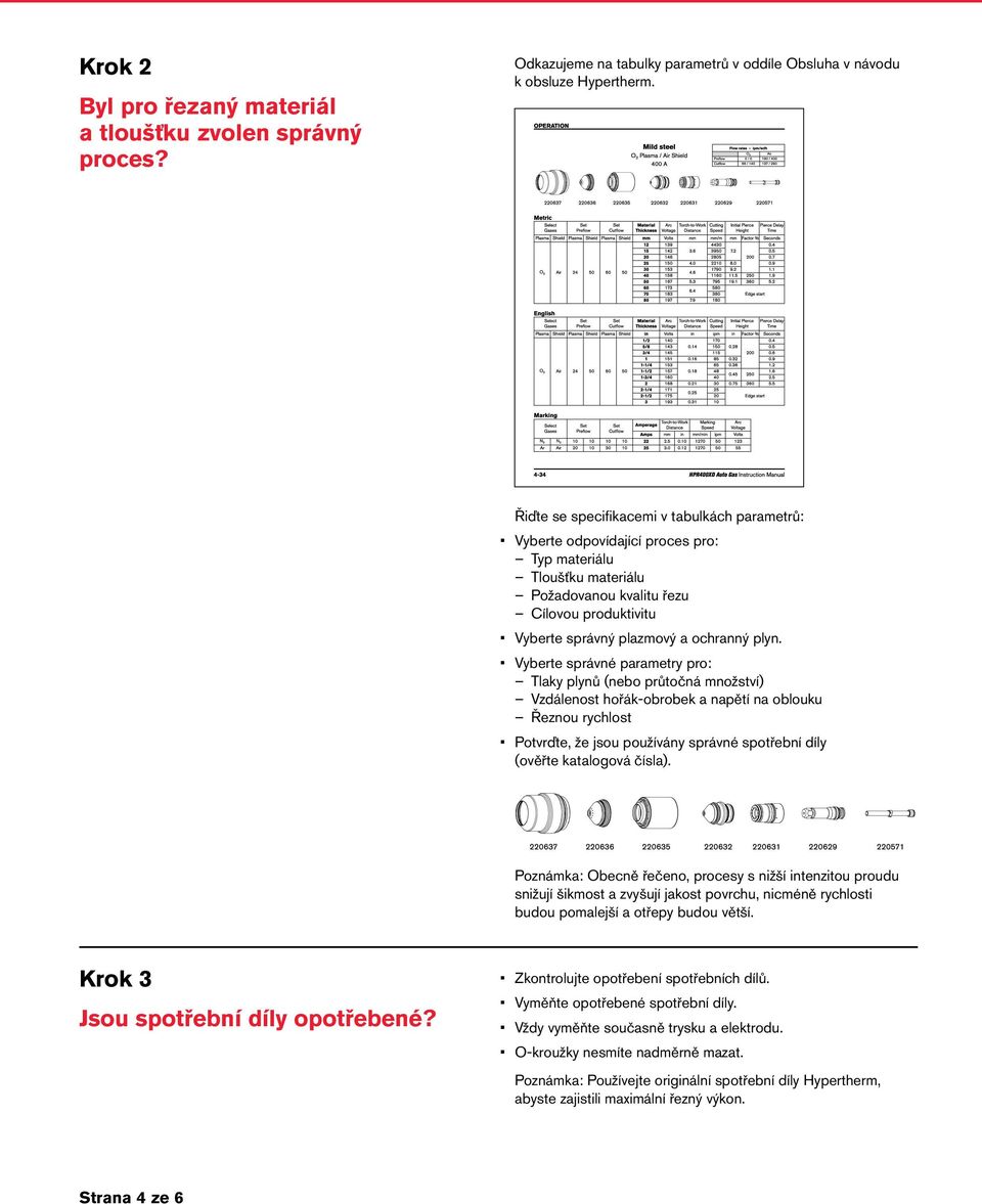 Vyberte správné parametry pro: Tlaky plynů (nebo průtočná množství) Vzdálenost hořák-obrobek a napětí na oblouku Řeznou rychlost Potvrďte, že jsou používány správné spotřební díly (ověřte katalogová
