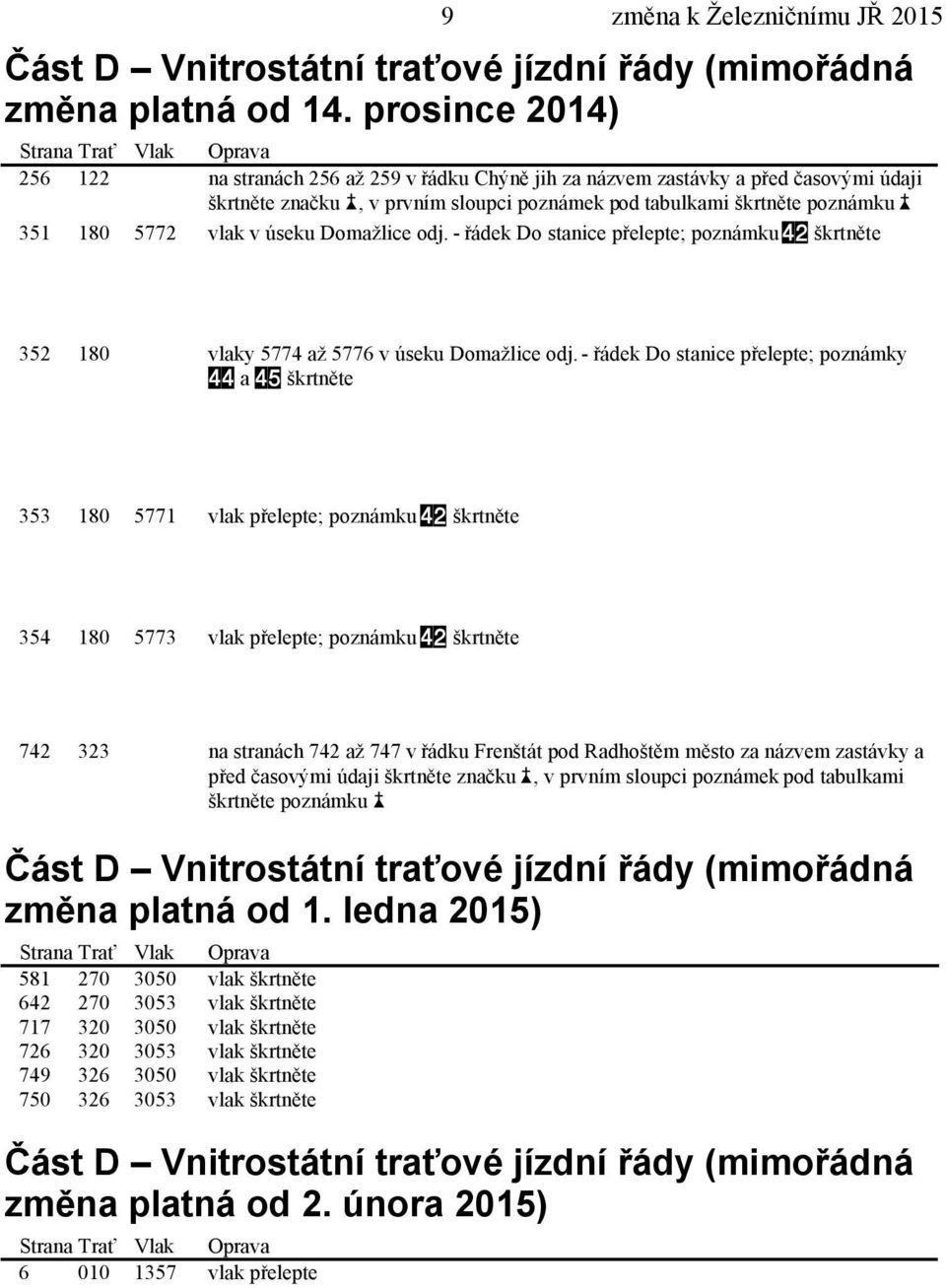 poznámku 351 180 5772 vlak v úseku Domažlice odj. - řádek Do stanice přelepte; poznámku škrtněte 352 180 vlaky 5774 až 5776 v úseku Domažlice odj.