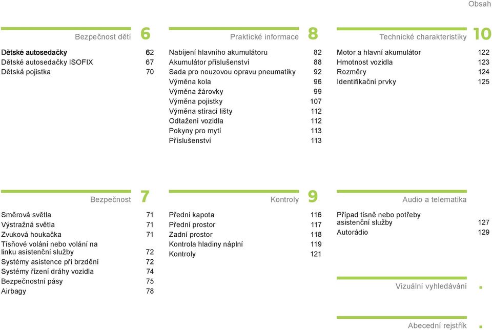 vozidla 123 Rozměry 124 Identifi kační prvky 125 Bezpečnost Směrová světla 71 Výstražná světla 71 Zvuková houkačka 71 Tísňové volání nebo volání na linku asistenční služby 72 Systémy asistence při