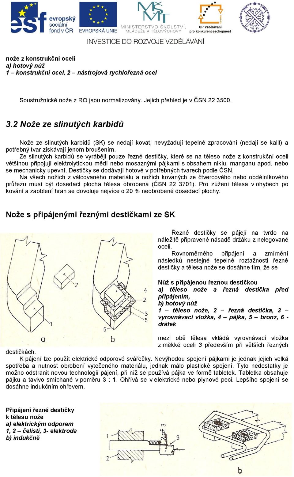 Ze slinutých karbidů se vyrábějí pouze řezné destičky, které se na těleso nože z konstrukční oceli většinou připojují elektrolytickou mědí nebo mosaznými pájkami s obsahem niklu, manganu apod.