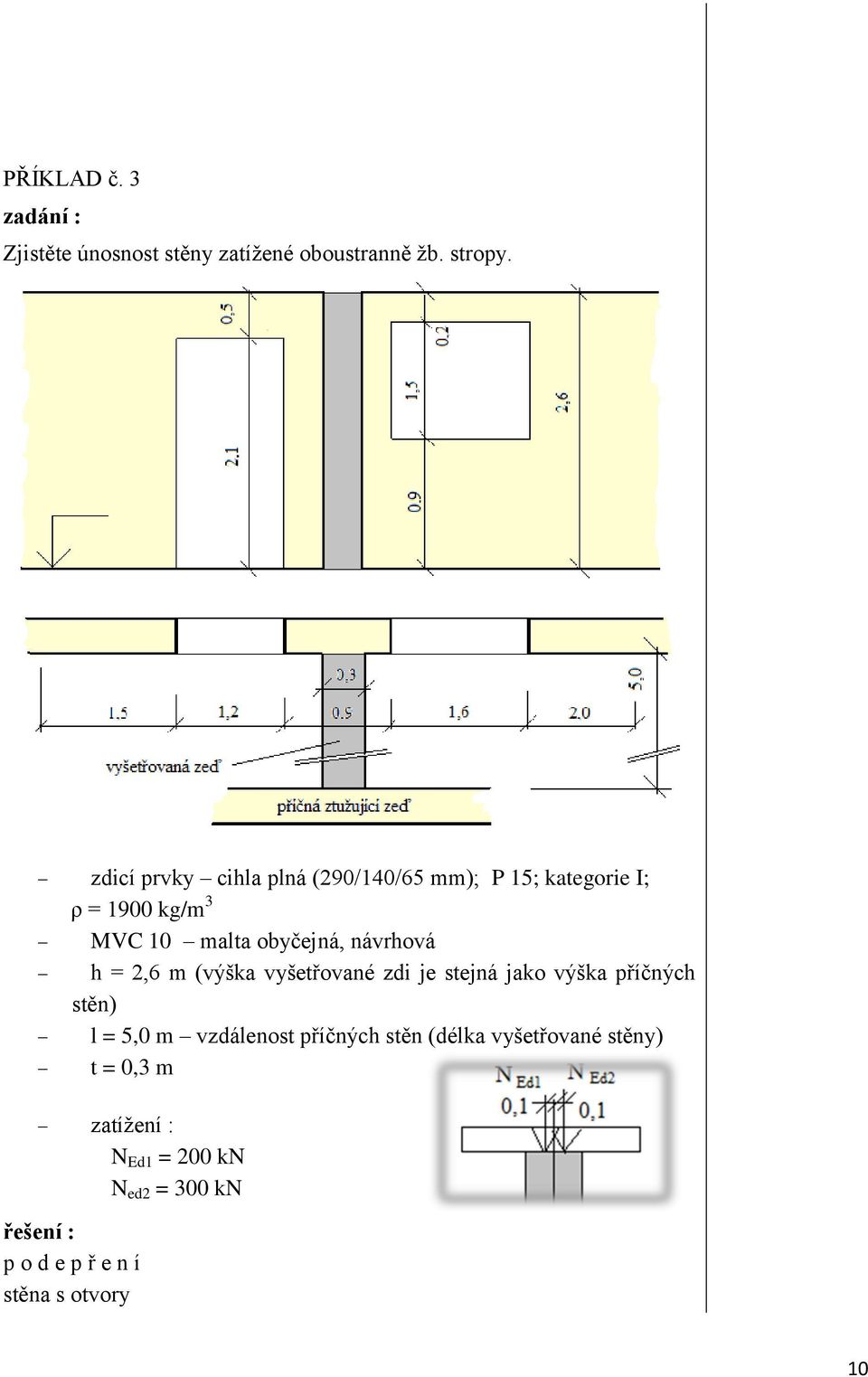 návrhová h = 2,6 m (výška vyšetřované zdi je stejná jako výška příčných stěn) l = 5,0 m vzdálenost