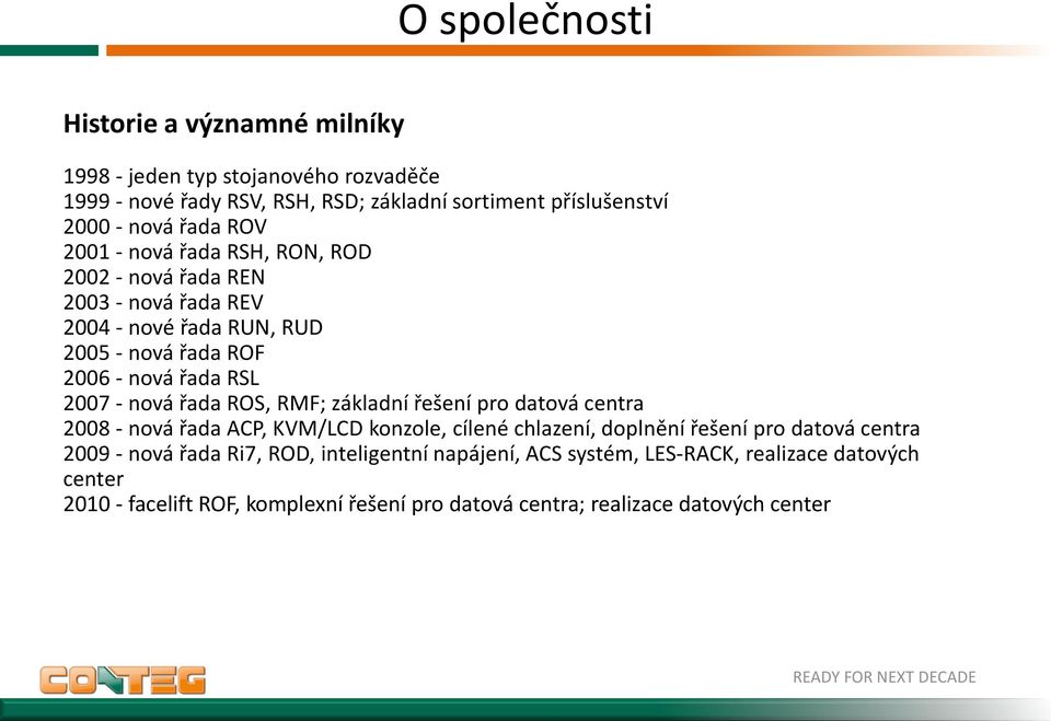 nová řada ROS, RMF; základní řešení pro datová centra 2008 - nová řada ACP, KVM/LCD konzole, cílené chlazení, doplnění řešení pro datová centra 2009 - nová