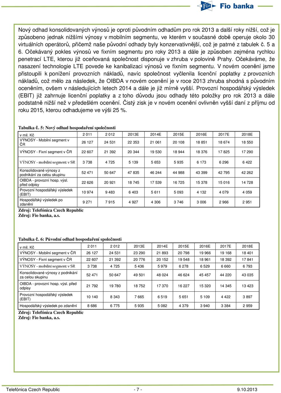 Očekávaný pokles výnosů ve fixním segmentu pro roky 2013 a dále je způsoben zejména rychlou penetrací LTE, kterou již oceňovaná společnost disponuje v zhruba v polovině Prahy.