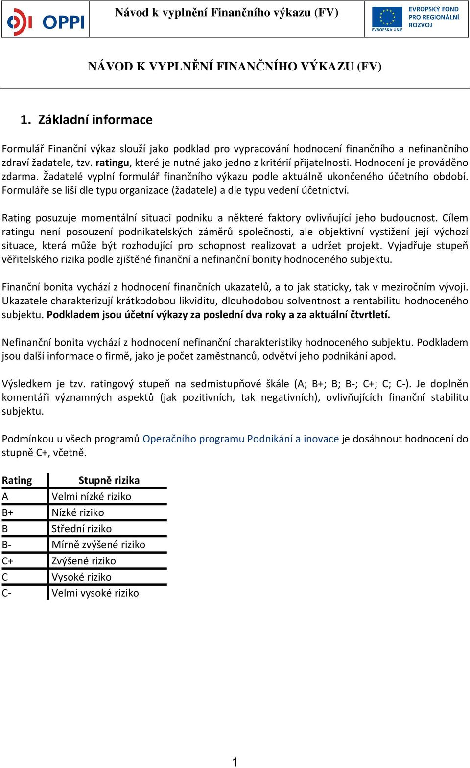 Formuláře se liší dle typu organizace (žadatele) a dle typu vedení účetnictví. Rating posuzuje momentální situaci podniku a některé faktory ovlivňující jeho budoucnost.