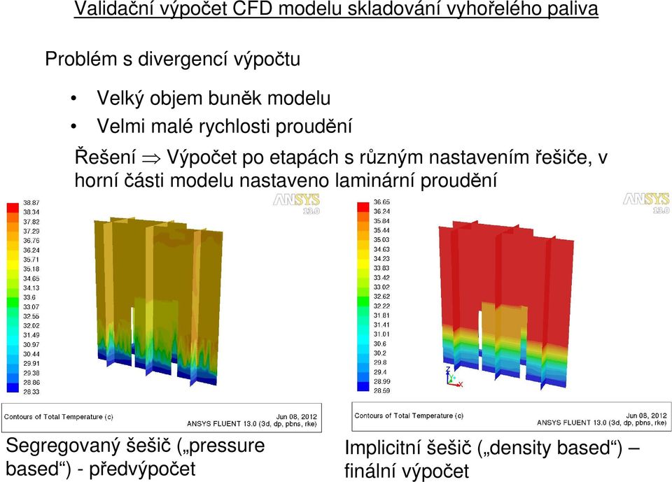 různým nastavením řešiče, v horníčásti modelu nastaveno laminární proudění Segregovaný