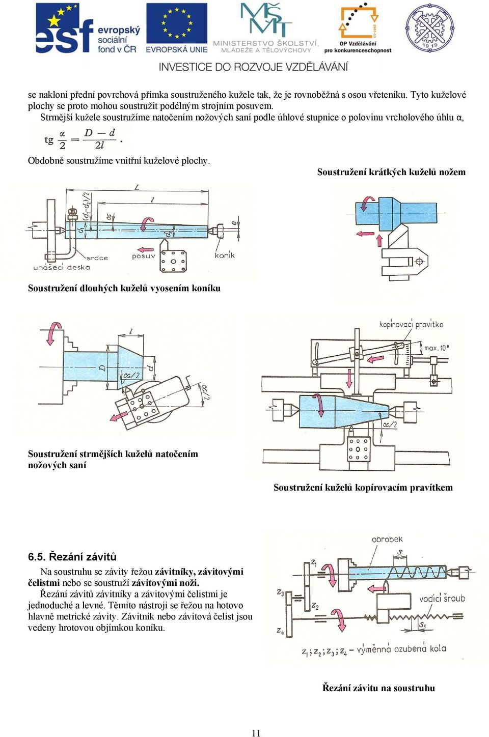 Soustružení krátkých kuželů nožem Soustružení dlouhých kuželů vyosením koníku Soustružení strmějších kuželů natočením nožových saní Soustružení kuželů kopírovacím pravítkem 6.5.