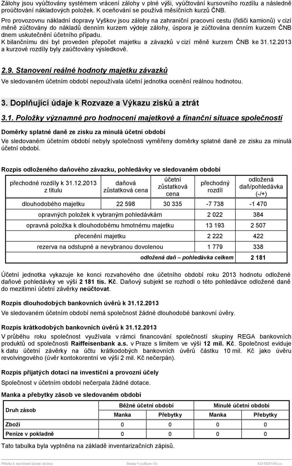 uskutečněn účetnho přpadu. K bilančnmu dni byl proveden přepočet majetku a zvazků v ciz měně kurzem ČNB ke 31.12.2013 a kurzové rozdly byly zaúčtovny výsledkově. 2.9.