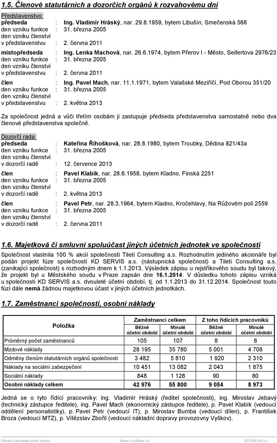března 2005 den vzniku členstv v představenstvu : 2. června 2011 člen : Ing. Pavel Mach, nar. 11.1.1971, bytem Valašské Meziřč, Pod Oborou 351/20 den vzniku funkce : 31.