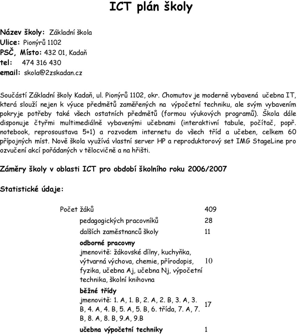 programů). Škola dále disponuje čtyřmi multimediálně vybavenými učebnami (interaktivní tabule, počítač, popř.