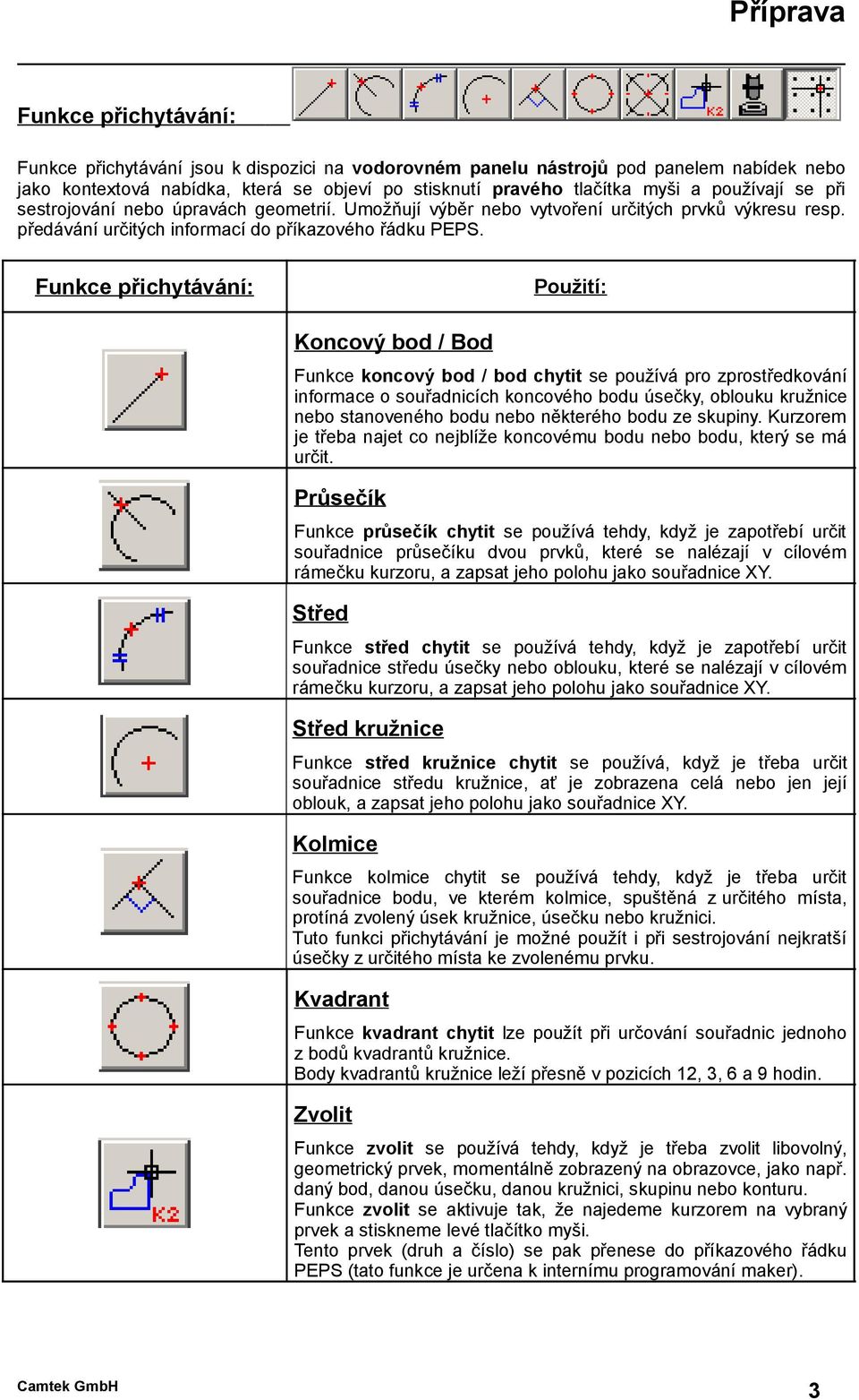 Funkce přichytávání: Použití: Koncový bod / Bod Funkce koncový bod / bod chytit se používá pro zprostředkování informace o souřadnicích koncového bodu úsečky, oblouku kružnice nebo stanoveného bodu