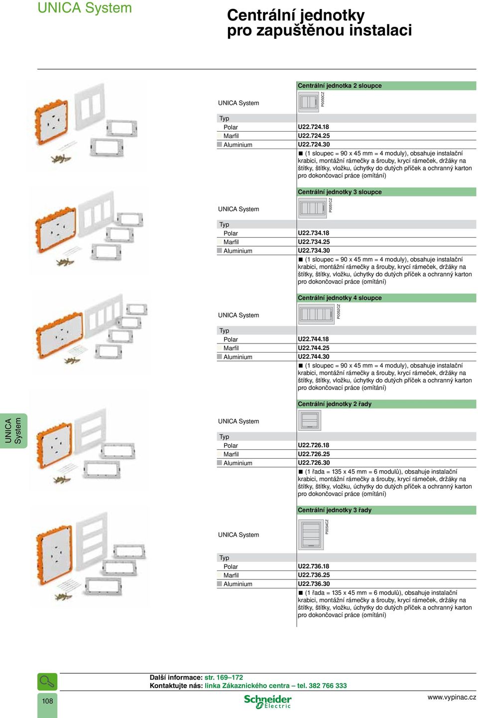 18 U22.734.25 U22.734.30 (1 sloupec = 90 x 45 mm = 4 moduly), obsahuje instalační Centrální jednotky 4 sloupce P0052CZ U22.744.