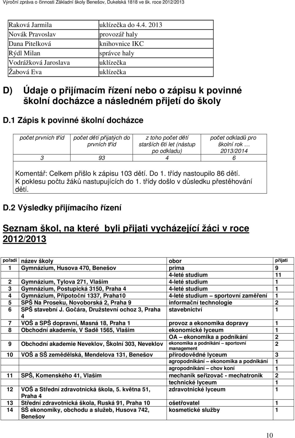 školní docházce a následném přijetí do školy D.