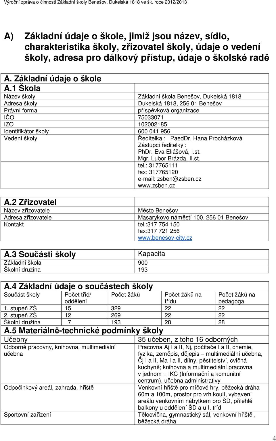 Vedení školy A.2 Zřizovatel Ředitelka : PaedDr. Hana Procházková Zástupci ředitelky : PhDr. Eva Eliášová, I.st. Mgr. Lubor Brázda, II.st. tel.: 317765111 fax: 317765120 e-mail: zsben@zsben.cz www.