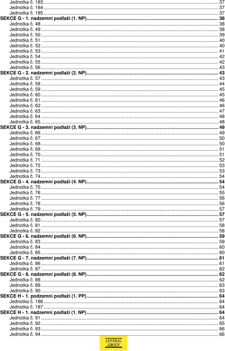 .. 44 Jednotka č. 59... 45 Jednotka č. 60... 45 Jednotka č. 61... 46 Jednotka č. 62... 46 Jednotka č. 63... 47 Jednotka č. 64... 48 Jednotka č. 65... 48 SEKCE G - 3. nadzemní podlaží (3. NP).