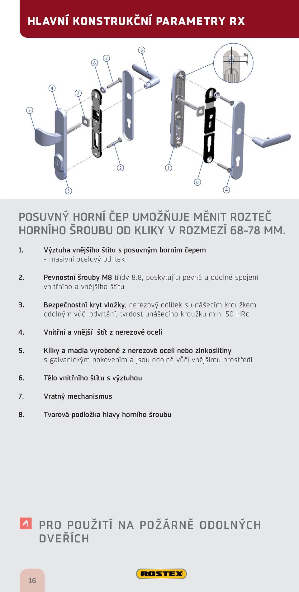 Bezpečnostní kryt vložky, nerezový odlitek s unášecím kroužkem odolným vůči odvrtání, tvrdost unášecího kroužku min. 50 HRc 4. Vnitřní a vnější štít z nerezové oceli 5.